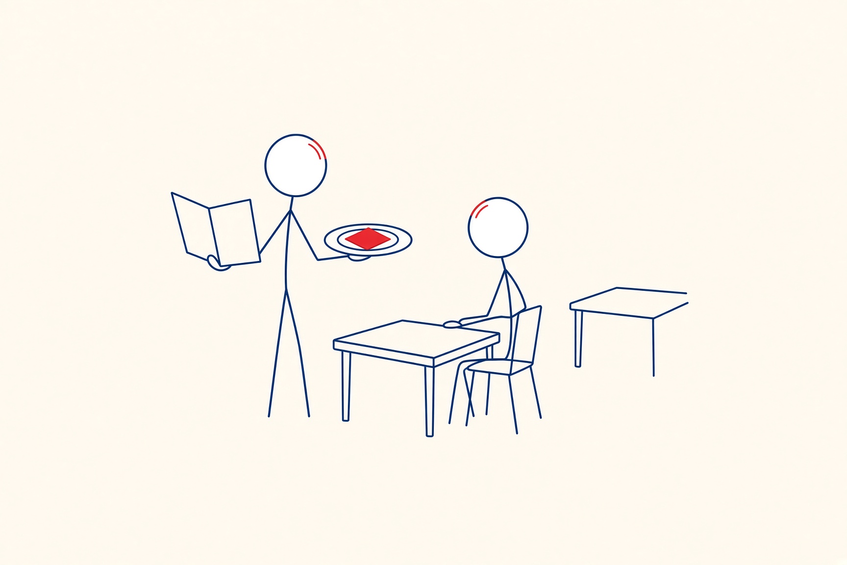 Camarero mostrando la carta a un cliente, ilustración